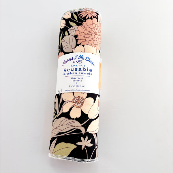 Reusable Kitchen Towels (Pack of 8) -Black Floral