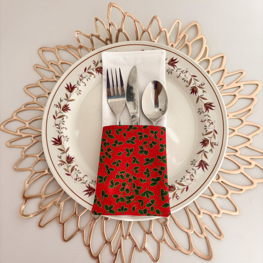Christmas Themed Cutlery Holders (Pack of 6) - Red Holly